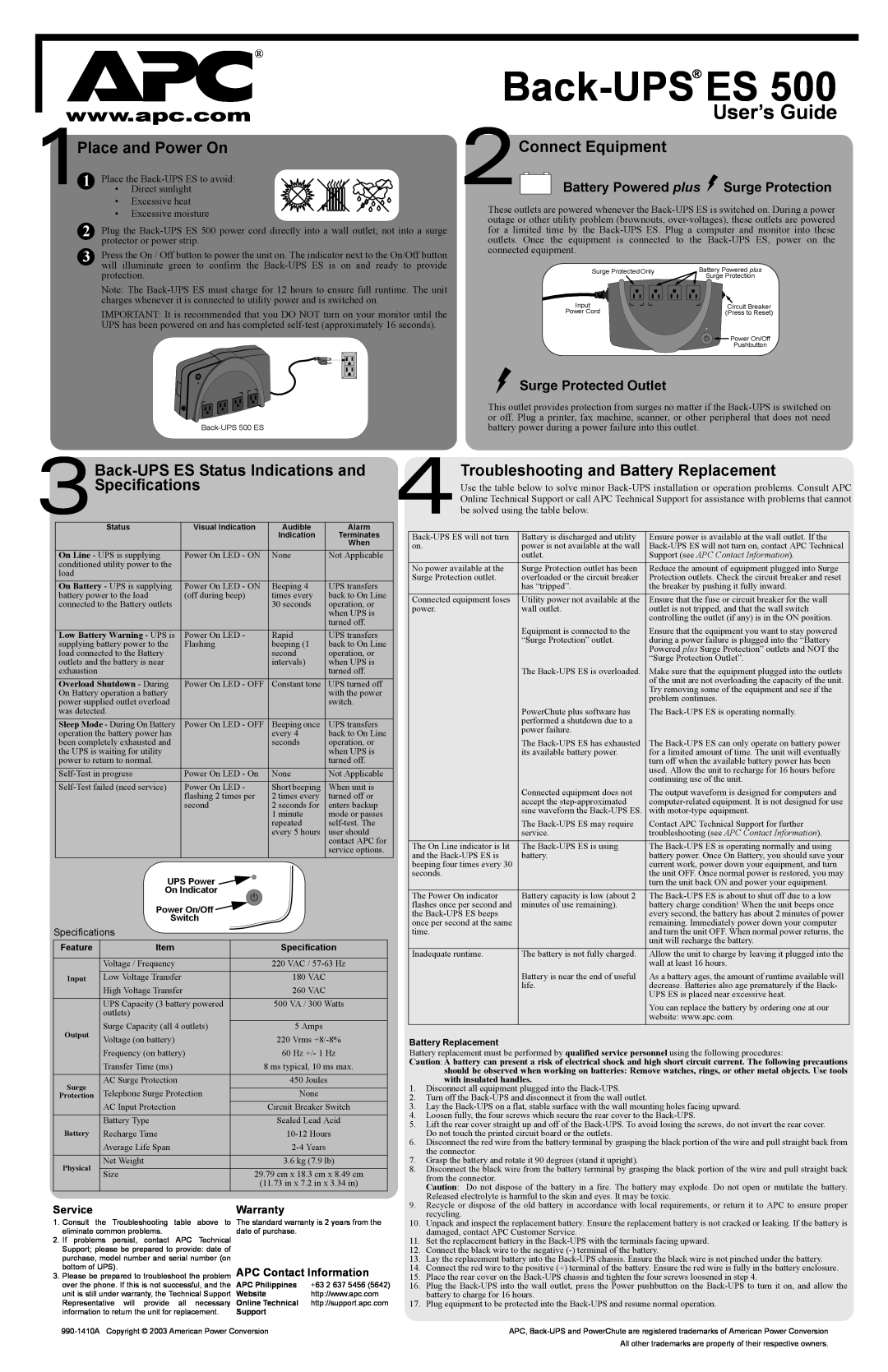 American Power Conversion ES 500 specifications Back-UPS ES, User’s Guide, 2Connect Equipment, Specifications, Service 