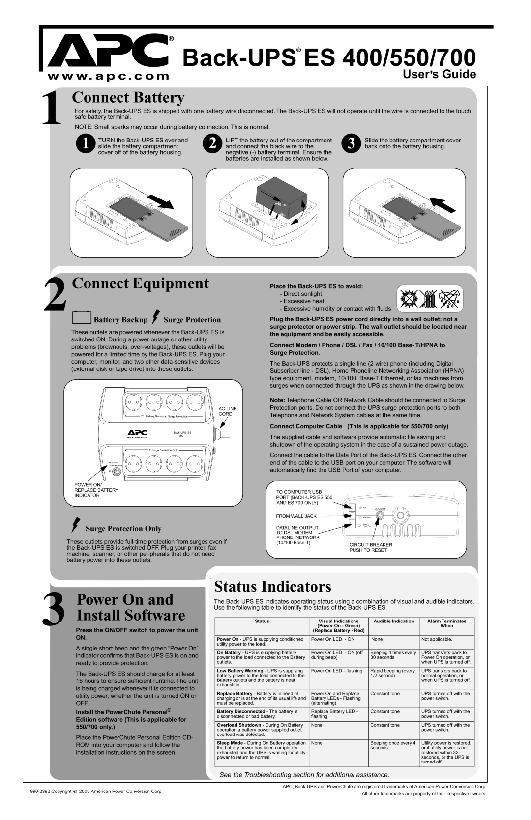 American Power Conversion ES 700, ES 550 installation instructions Connect Battery, Connect Equipment, Status Indicators 