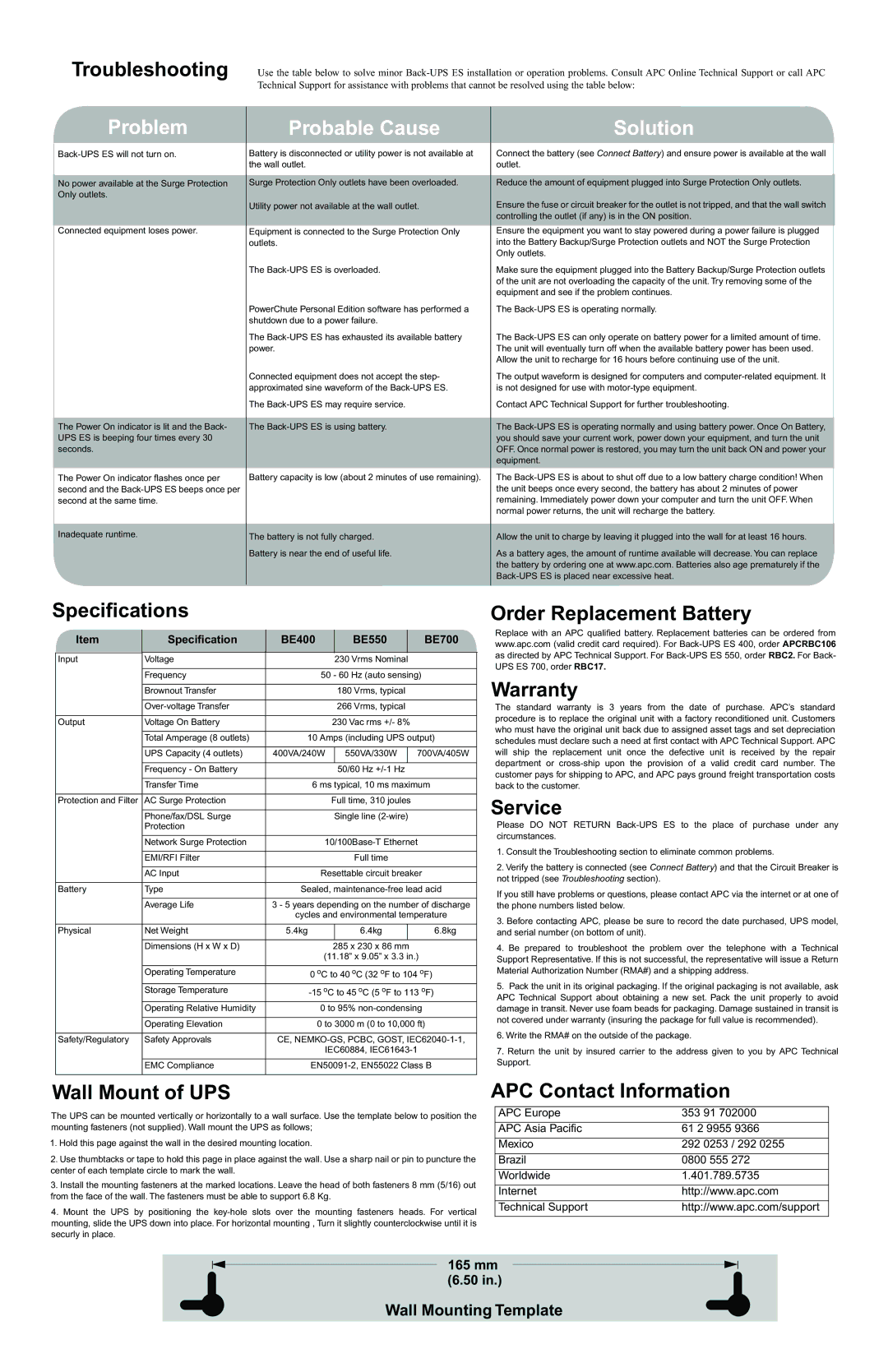 American Power Conversion ES 400, ES 550 Specifications, Wall Mount of UPS, Order Replacement Battery Warranty, Service 