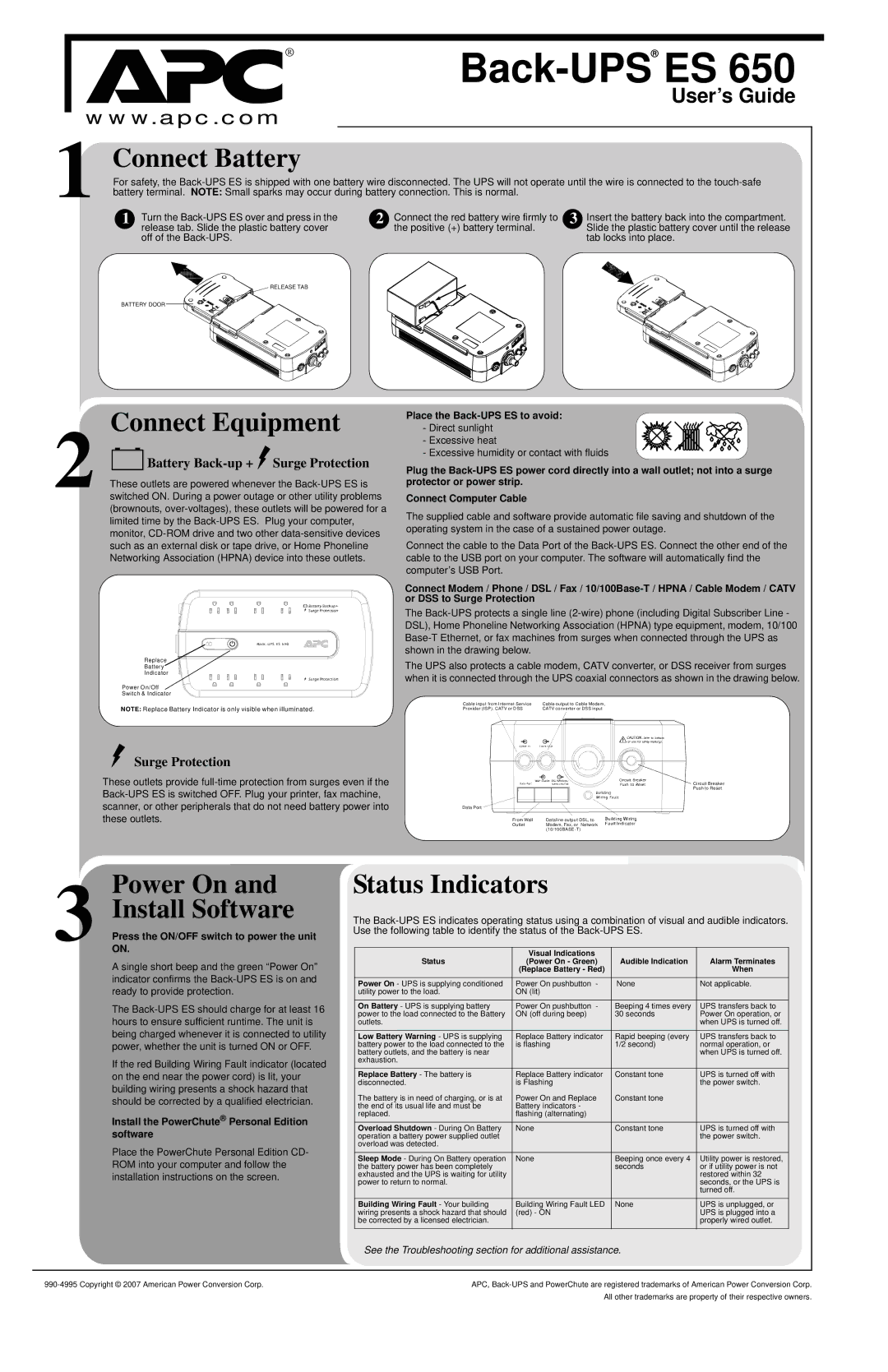 American Power Conversion BE650G, ES 650 installation instructions Connect Battery, Connect Equipment, Status Indicators 