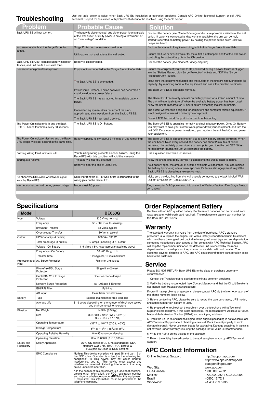 American Power Conversion ES 650 Specifications, Order Replacement Battery Warranty, Service, APC Contact Information 