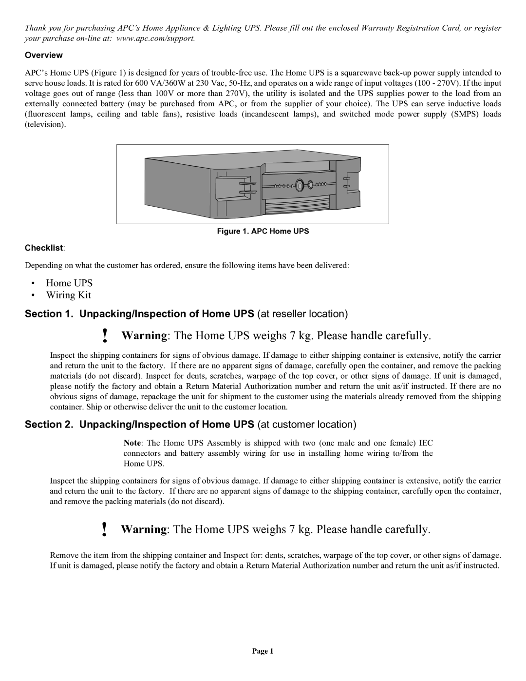 American Power Conversion HI600SQ user manual Unpacking/Inspection of Home UPS at reseller location 