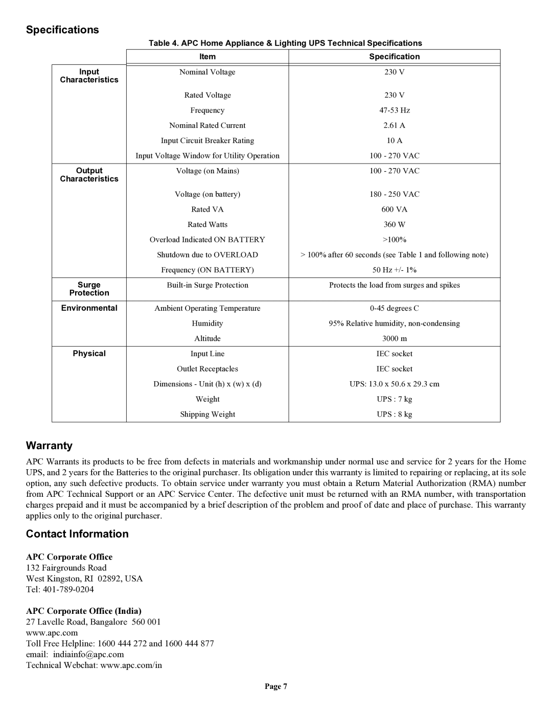 American Power Conversion HI600SQ user manual Specifications, Warranty, Contact Information 