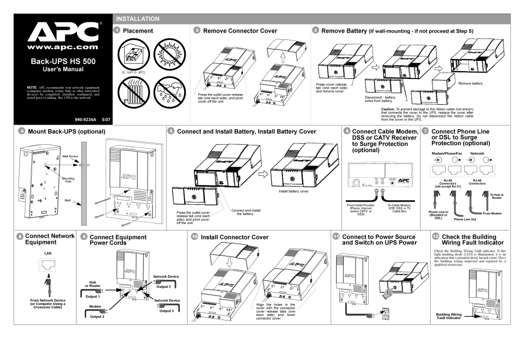 American Power Conversion BH500NET, HS 500 user manual User’s Manual, Placement Remove Connector Cover 