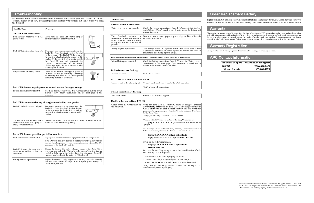 American Power Conversion HS 500, BH500NET user manual Troubleshooting, Order Replacement Battery, Warranty Registration 