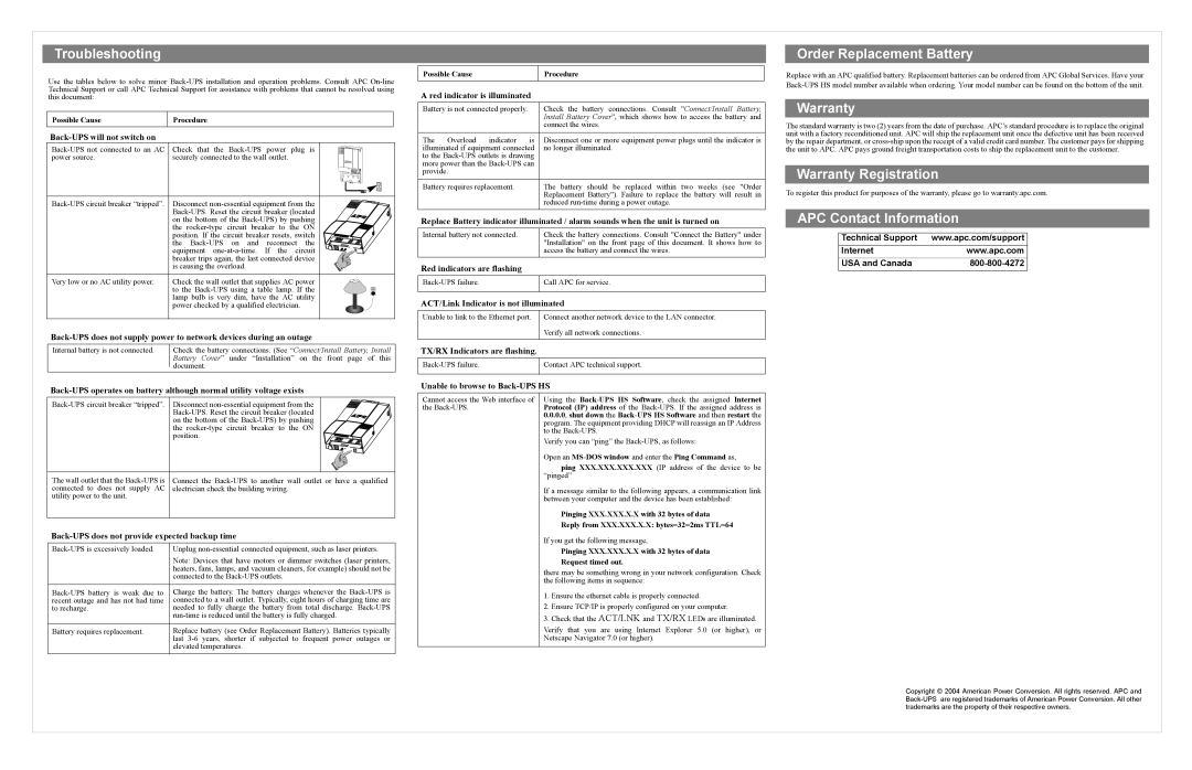 American Power Conversion HS 500 user manual Troubleshooting Order Replacement Battery, Warranty Registration 