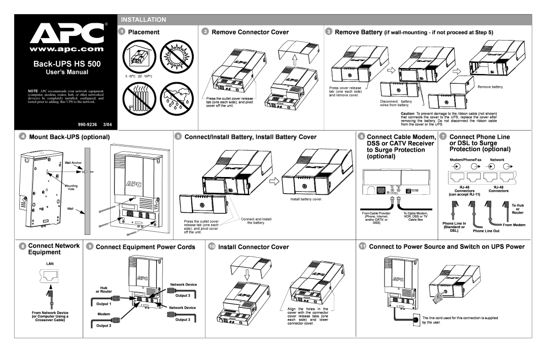 American Power Conversion BH500NET user manual User’s Manual, Installation, Placement, Remove Connector Cover, Back-UPS HS 