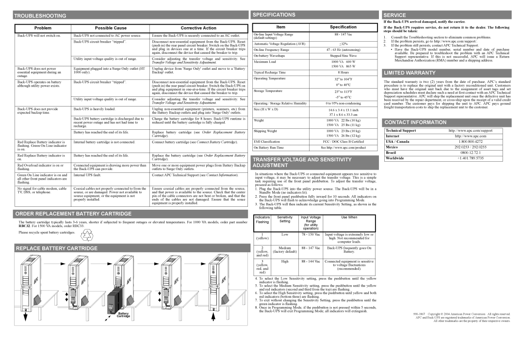 American Power Conversion HT1000 Troubleshooting, Service, Transfer Voltage and Sensitivity Adjustment, Limited Warranty 