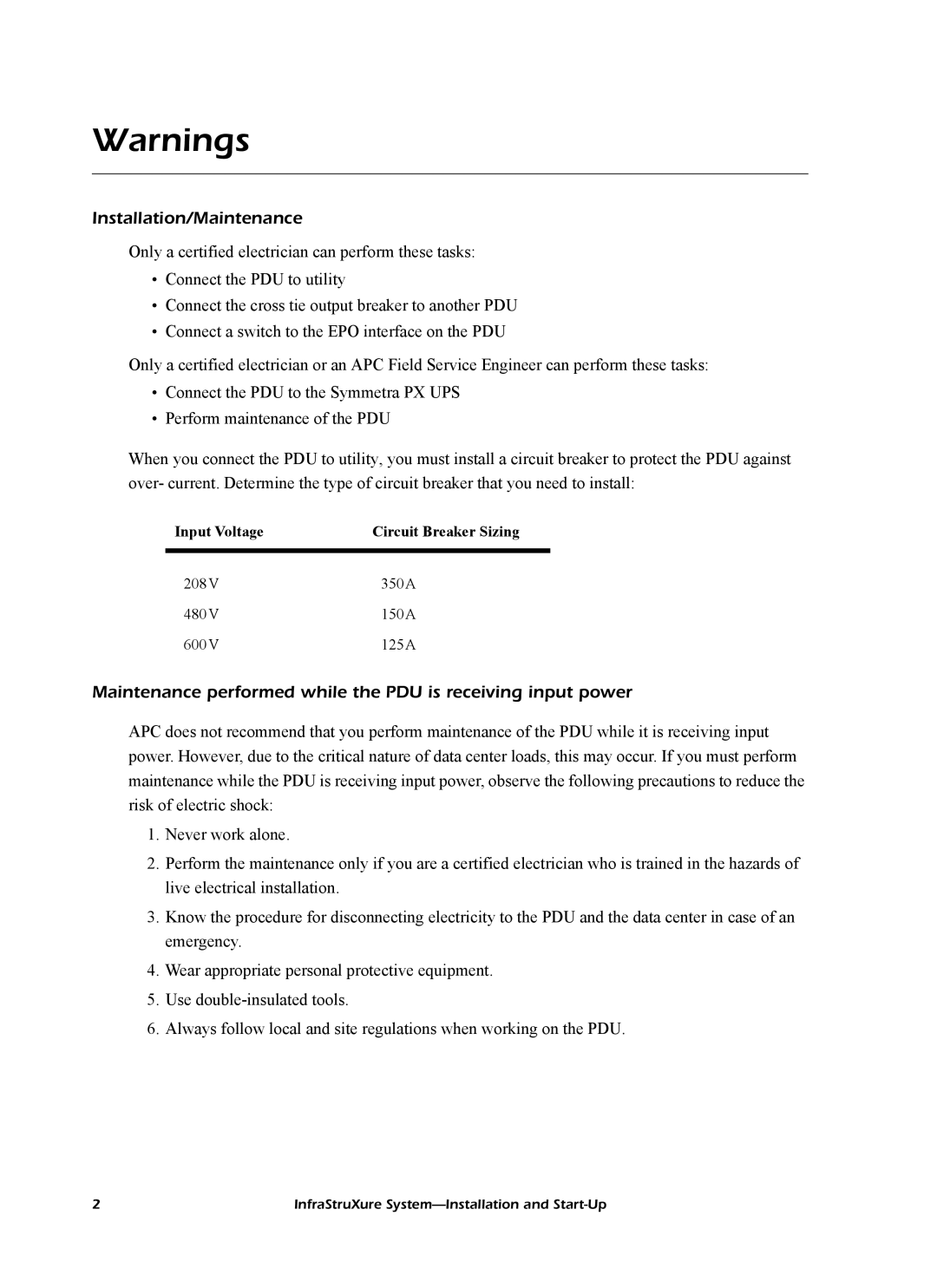 American Power Conversion InfraStruXureTM System manual Installation/Maintenance 