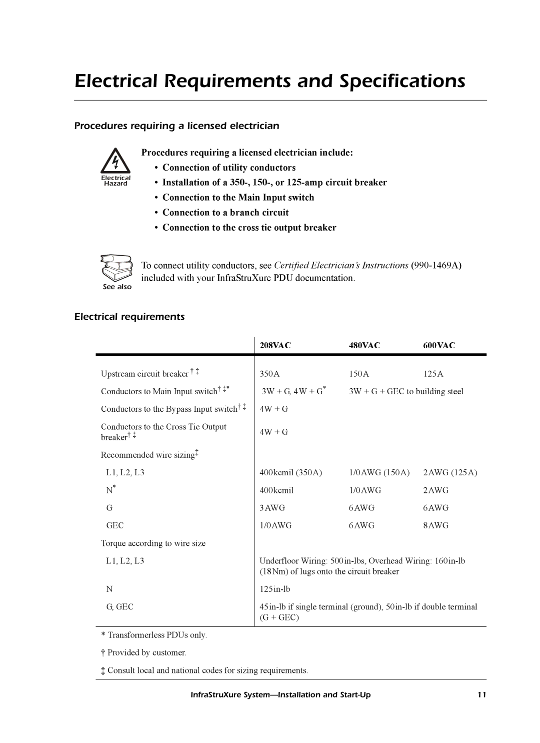 American Power Conversion InfraStruXureTM System manual Electrical Requirements and Specifications, Electrical requirements 