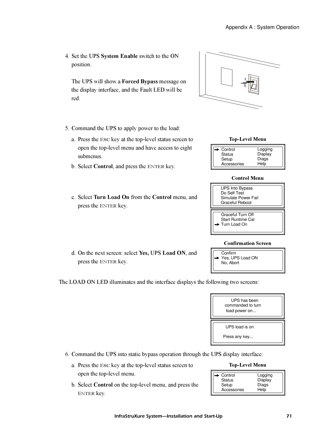 American Power Conversion InfraStruXureTM System manual Confirm Yes, UPS Load on No, Abort 