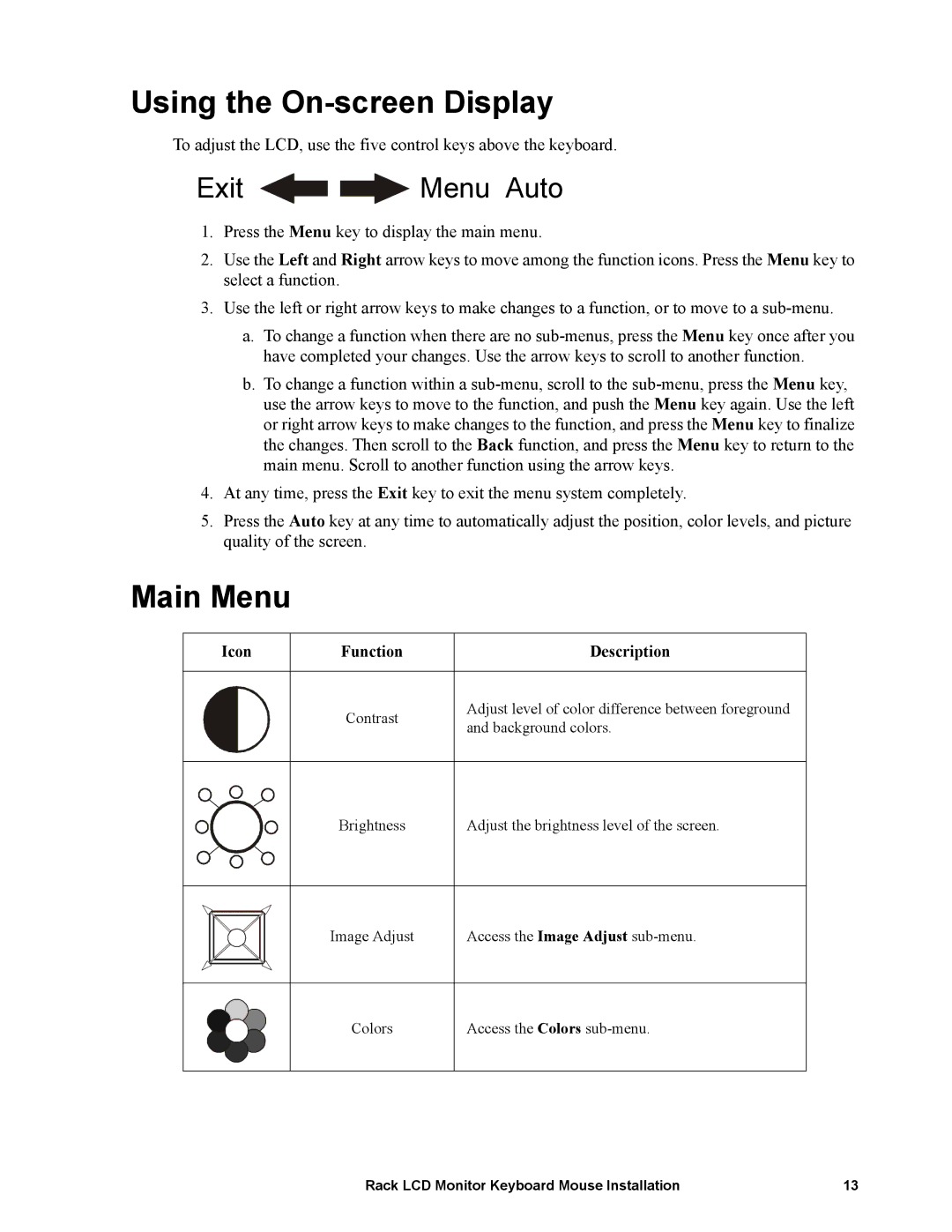 American Power Conversion LCD Monitor Keyboard Mouse specifications Using the On-screen Display, Main Menu 