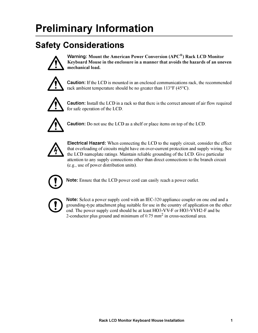 American Power Conversion LCD Monitor Keyboard Mouse specifications Preliminary Information, Safety Considerations 