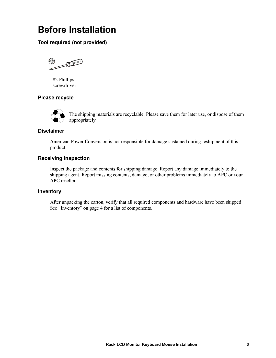 American Power Conversion LCD Monitor Keyboard Mouse specifications Before Installation 