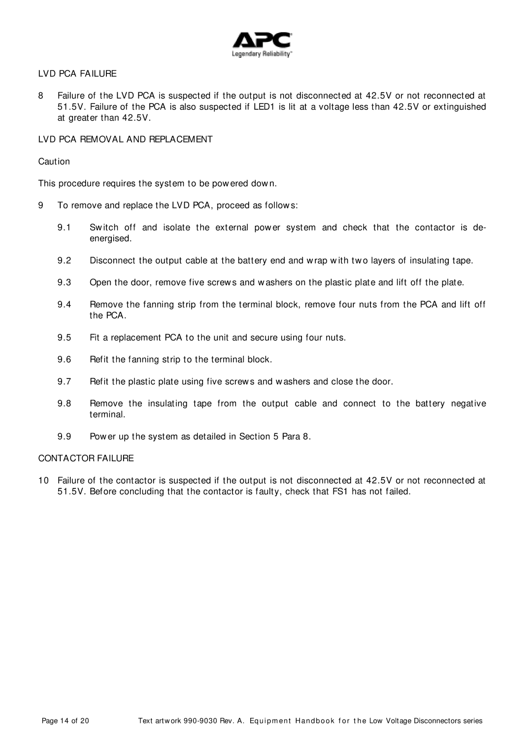 American Power Conversion LVD400, LVD500, LVD600 manual LVD PCA Failure, LVD PCA Removal and Replacement, Contactor Failure 