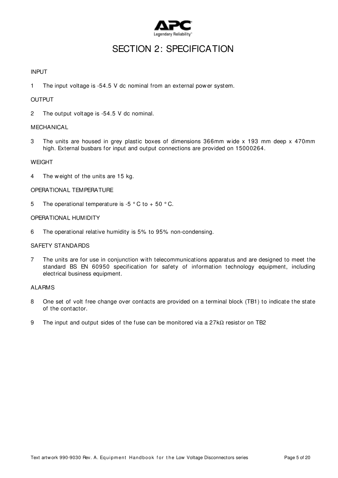 American Power Conversion LVD300, LVD400, LVD500, LVD600, LVD1000 manual Specification 