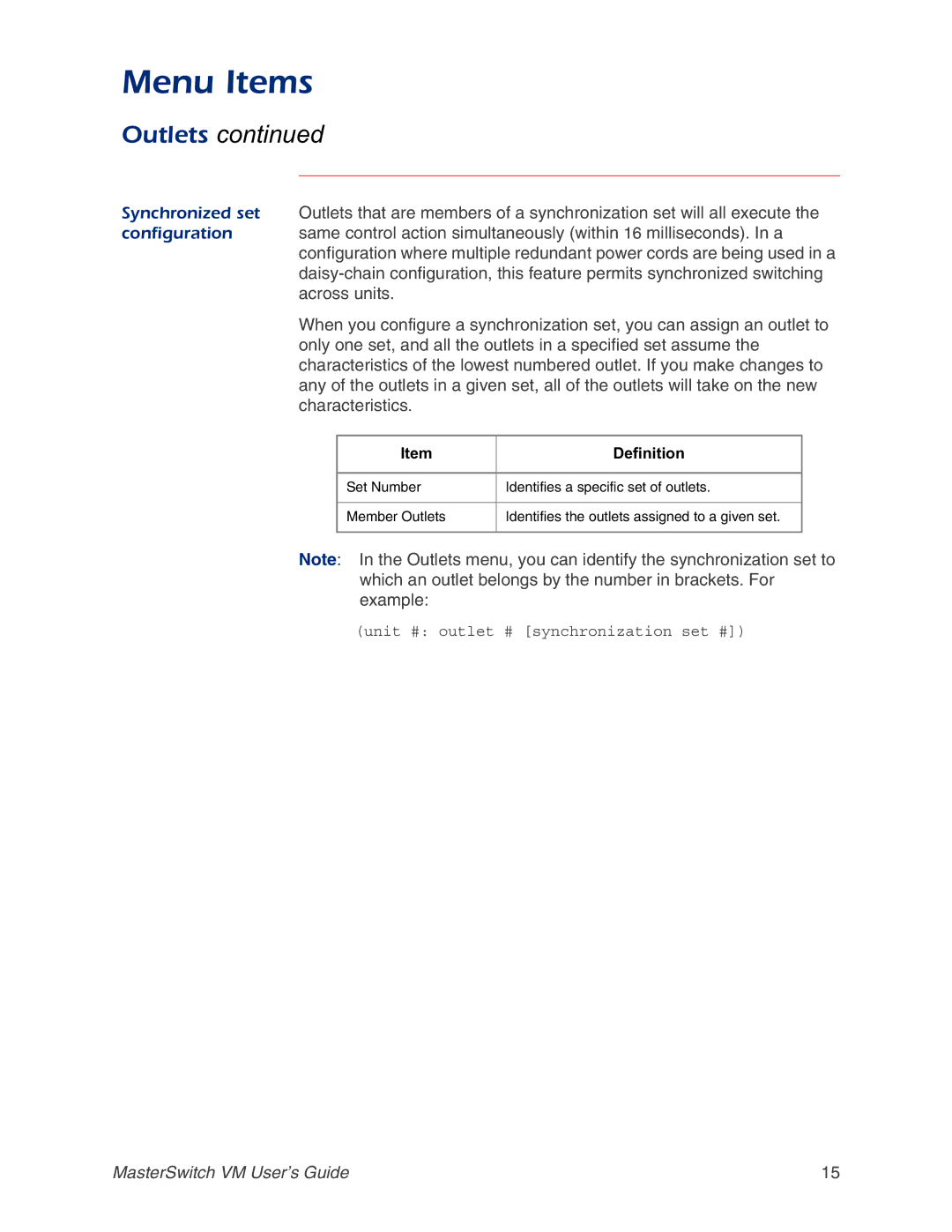 American Power Conversion Master Switch manual Menu Items, Outlets 