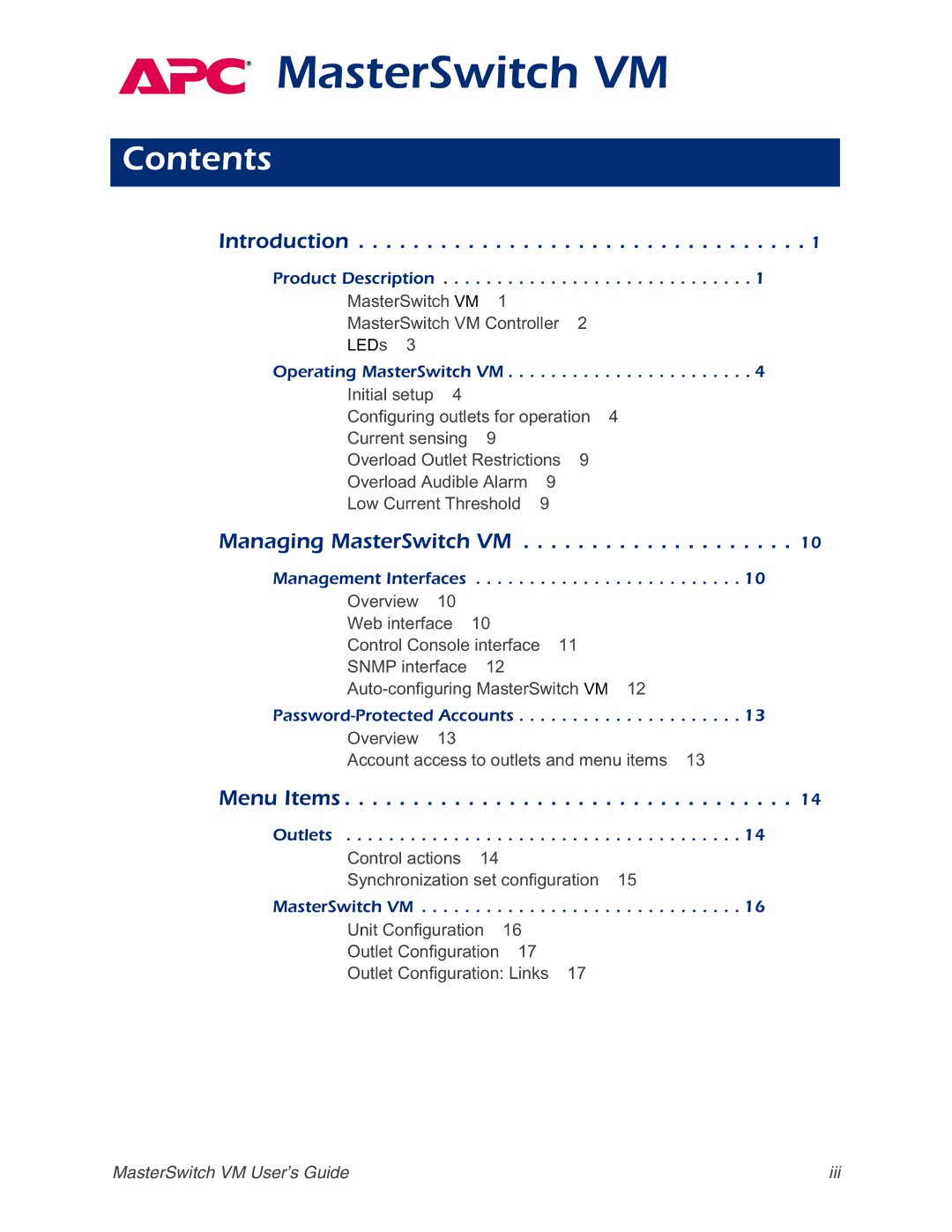 American Power Conversion Master Switch manual MasterSwitch VM, Contents 