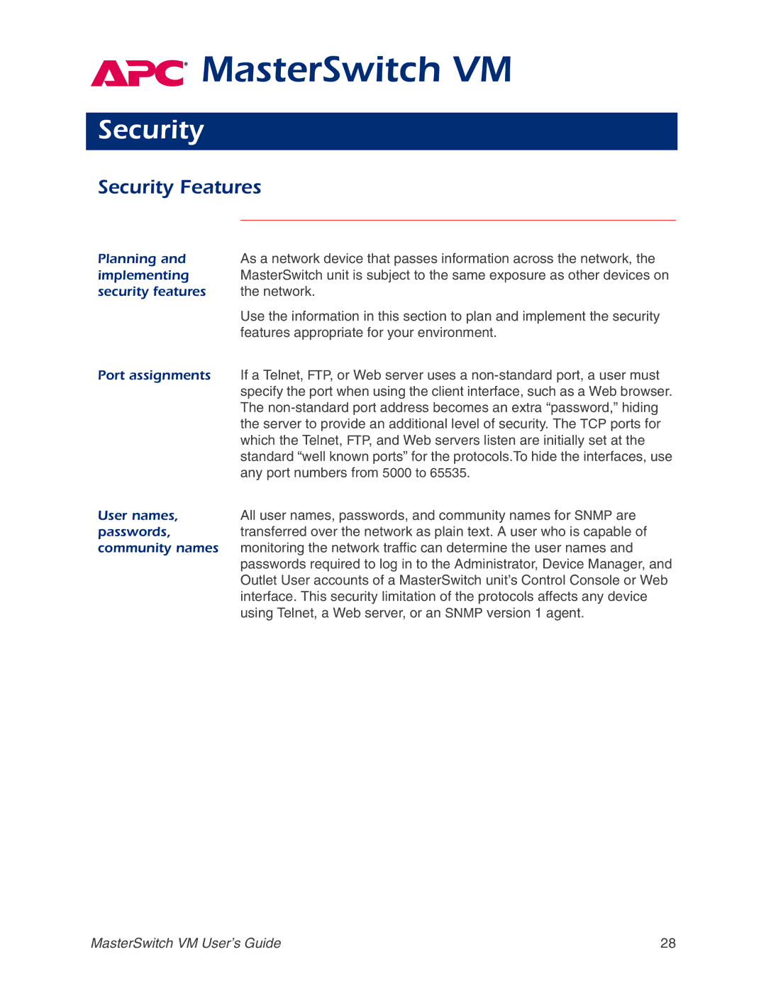 American Power Conversion Master Switch manual Security Features 