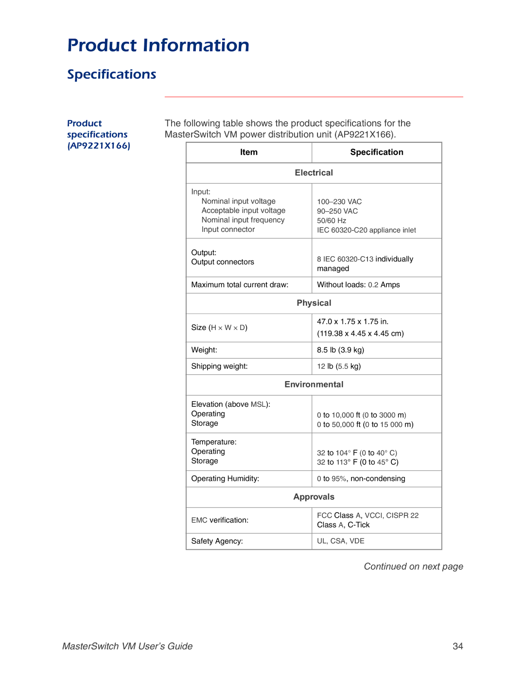 American Power Conversion Master Switch Specifications, Product, Following table shows the product specifications for 