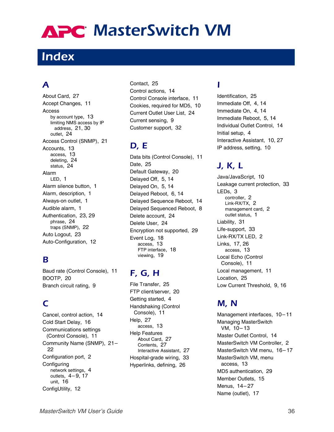 American Power Conversion Master Switch manual Index, Help Features 