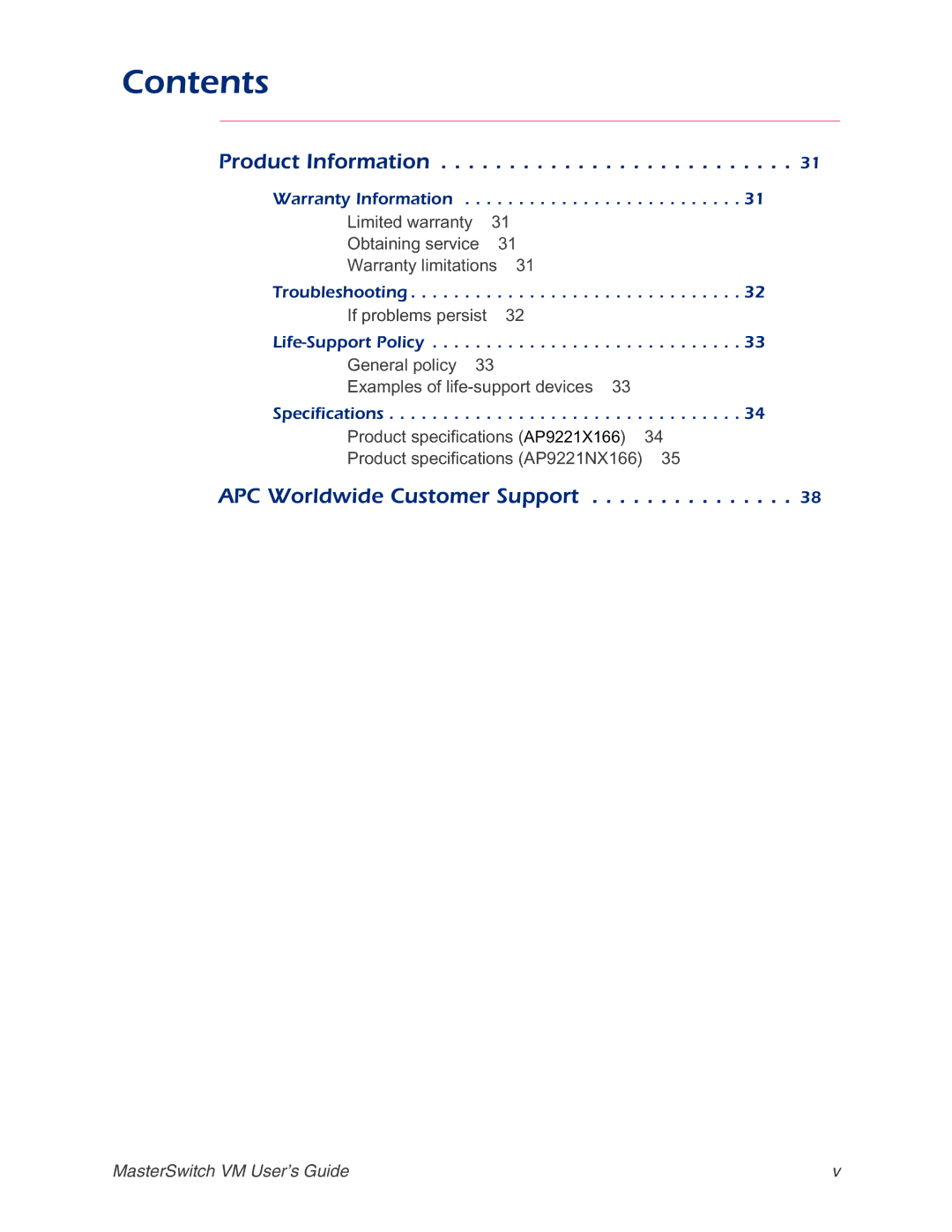 American Power Conversion Master Switch manual Warranty Information, Troubleshooting, Life-Support Policy, Specifications 