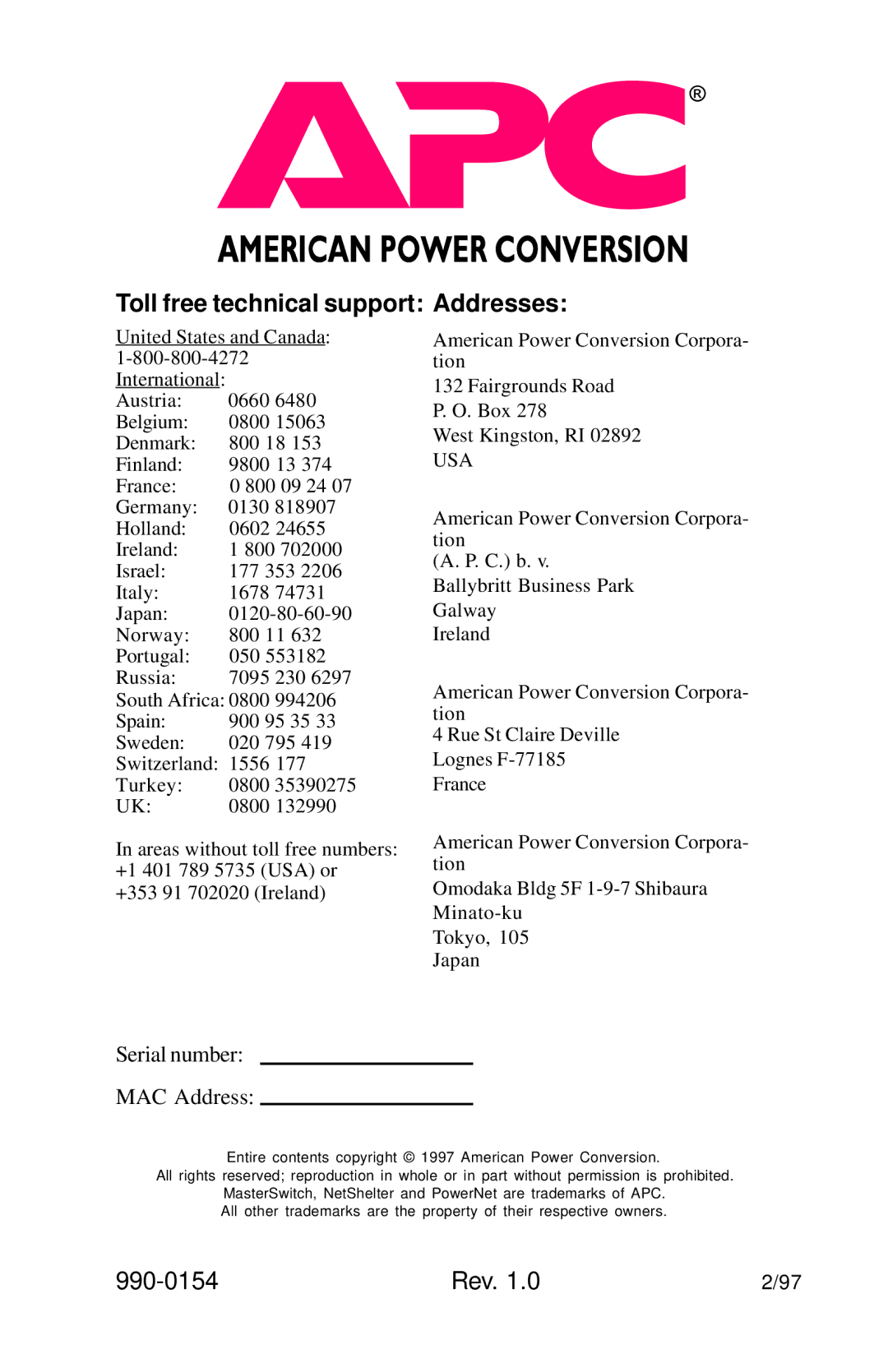 American Power Conversion MasterSwitch manual Toll free technical support Addresses 