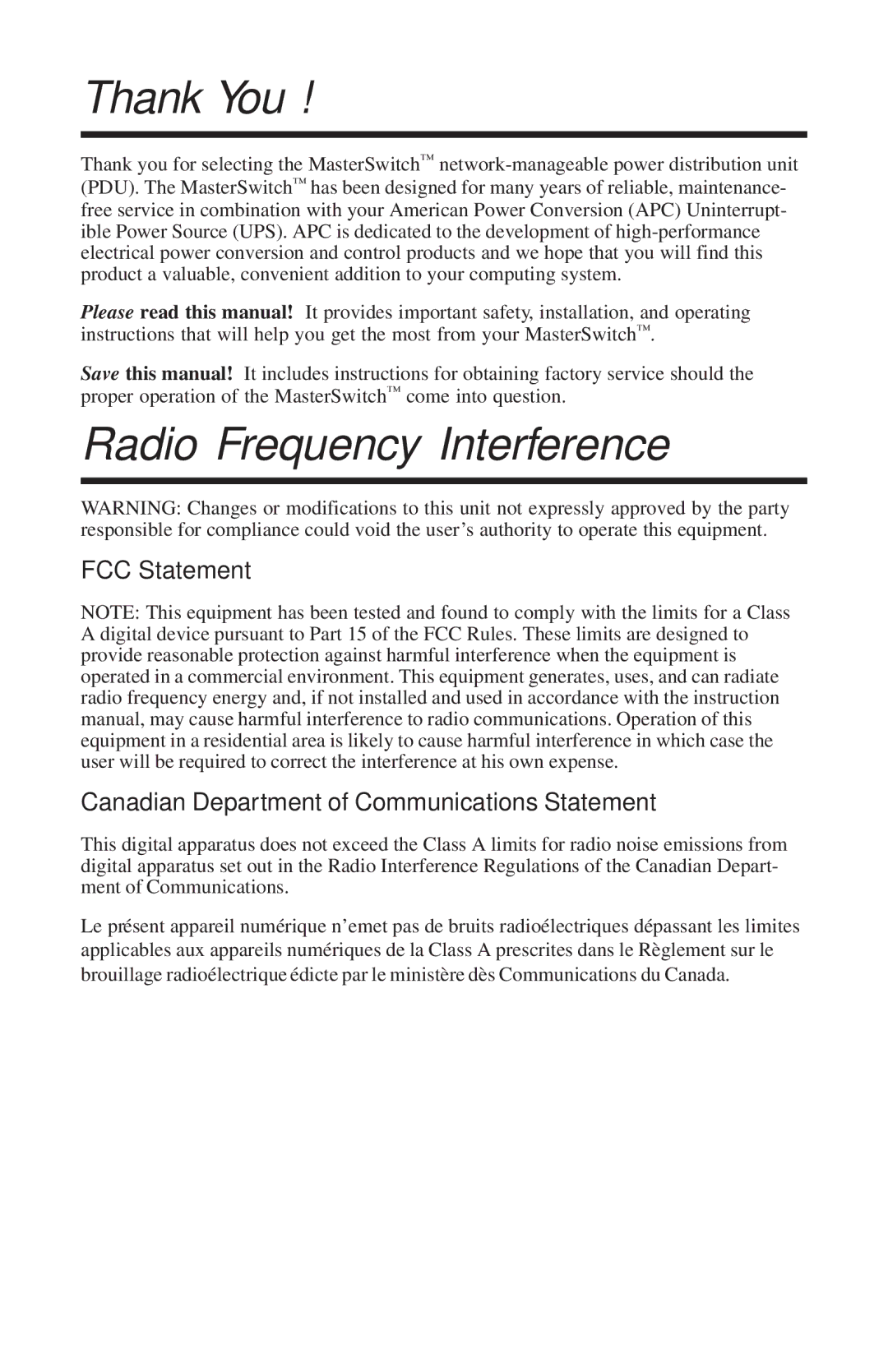 American Power Conversion MasterSwitch manual Thank You, Radio Frequency Interference 