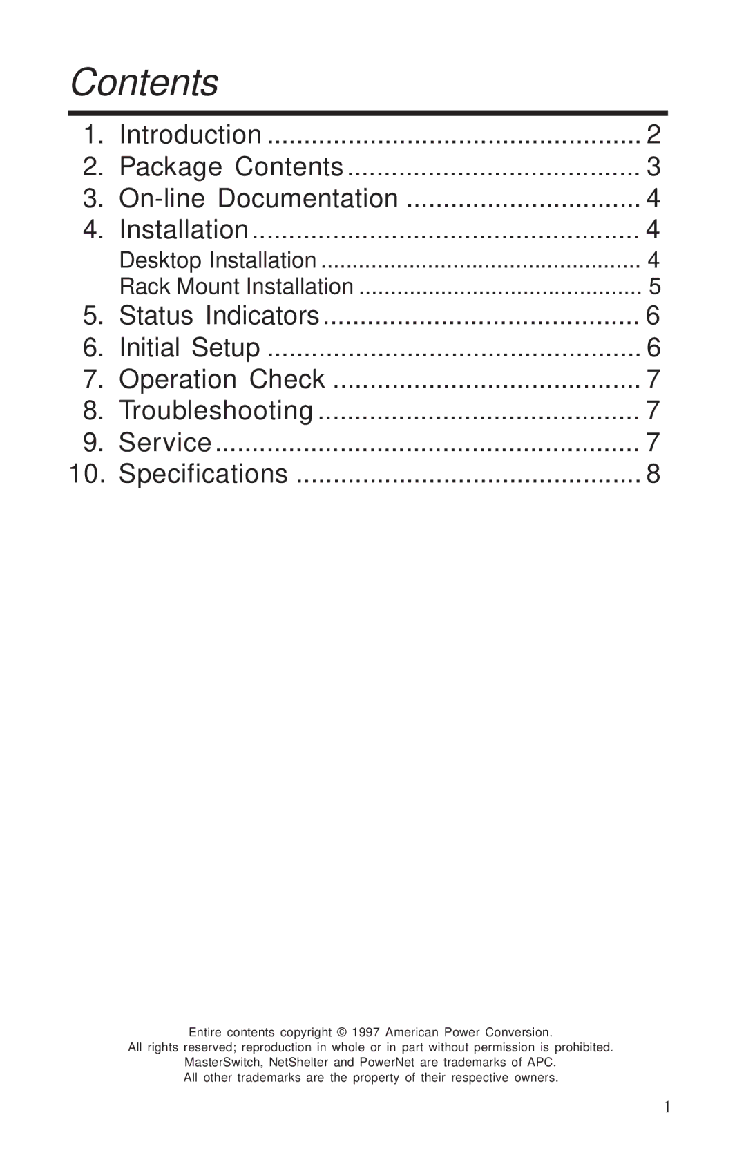 American Power Conversion MasterSwitch manual Contents 