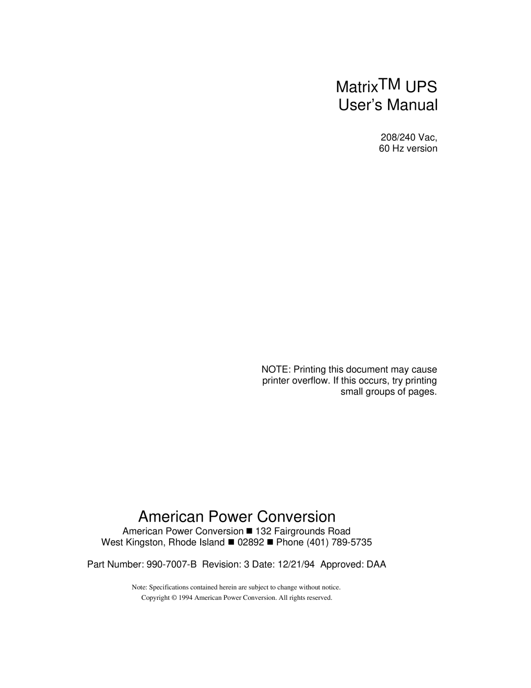 American Power Conversion user manual MatrixTM UPS User’s Manual, American Power Conversion 