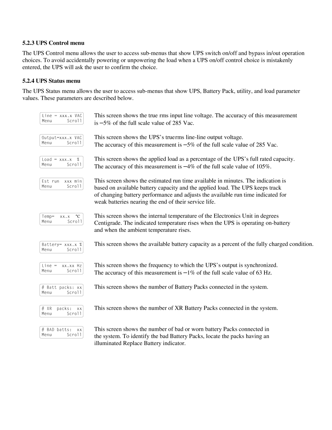 American Power Conversion MatrixTM UPS user manual UPS Control menu, UPS Status menu 