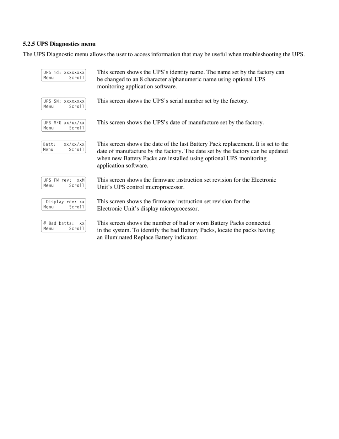 American Power Conversion MatrixTM UPS user manual UPS Diagnostics menu 