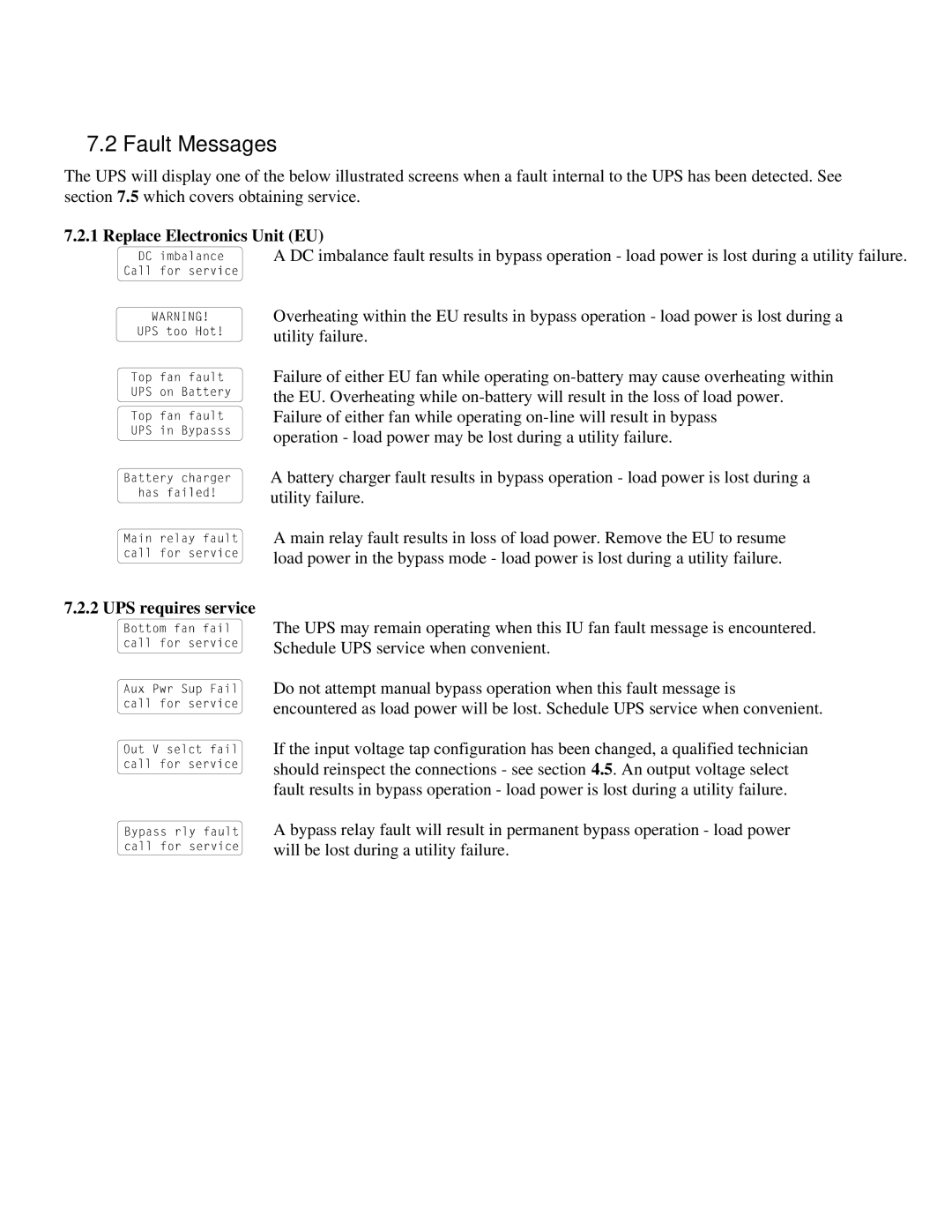 American Power Conversion MatrixTM UPS user manual Fault Messages, Replace Electronics Unit EU, UPS requires service 