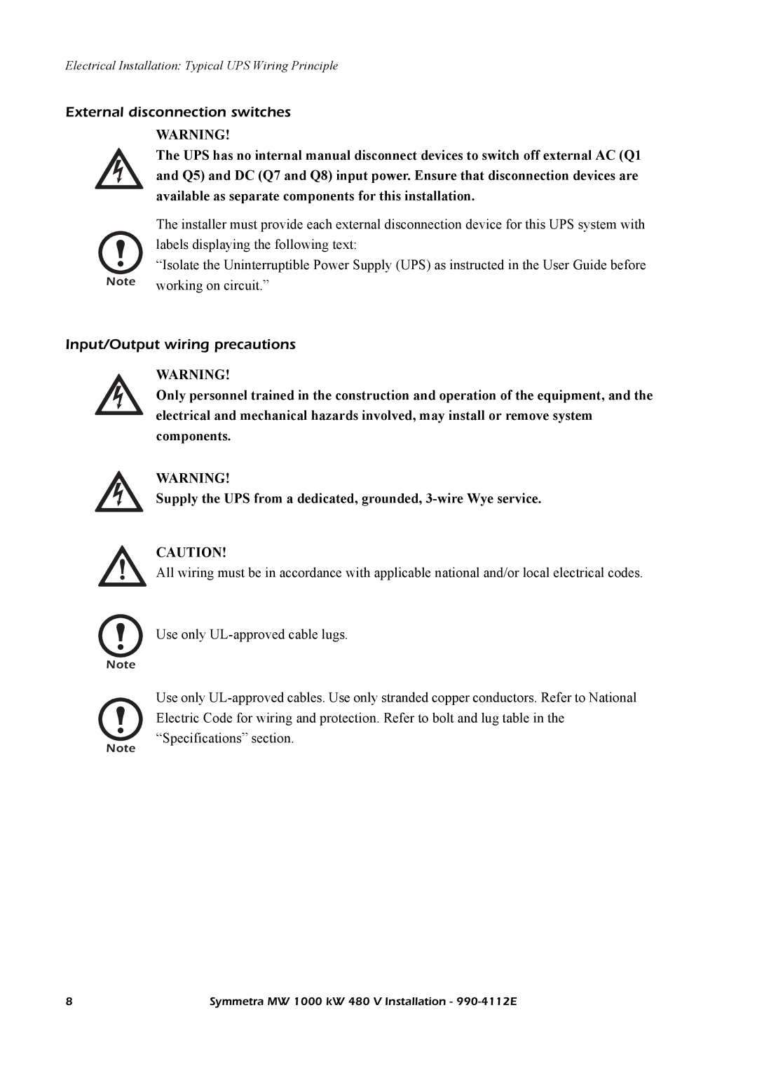 American Power Conversion MW manual External disconnection switches, Input/Output wiring precautions 