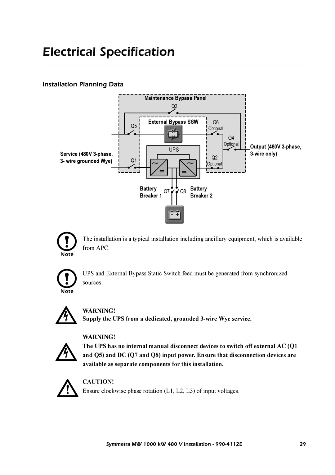 American Power Conversion MW manual Electrical Specification, Installation Planning Data 