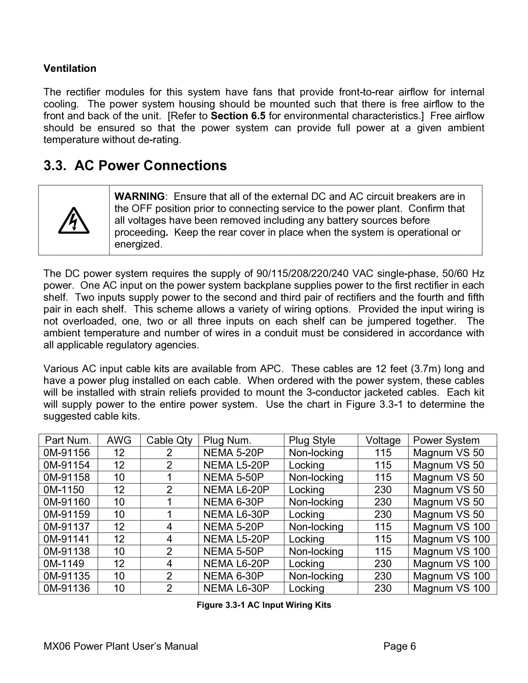 American Power Conversion MX06 50, MX06 100 user manual AC Power Connections, Ventilation 