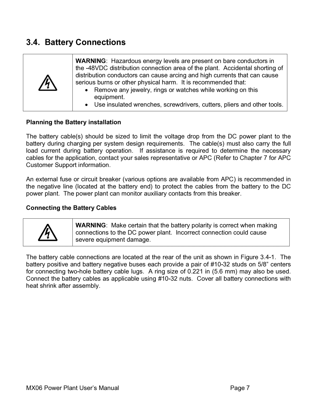 American Power Conversion MX06 100 Battery Connections, Planning the Battery installation, Connecting the Battery Cables 