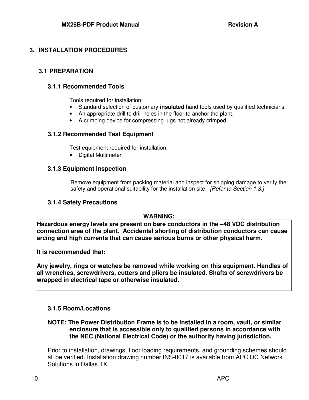 American Power Conversion MX28B-PDF Installation Procedures Preparation, Recommended Tools, Recommended Test Equipment 