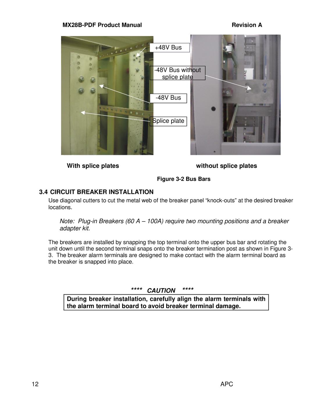 American Power Conversion MX28B-PDF manual With splice plates Without splice plates, Circuit Breaker Installation 