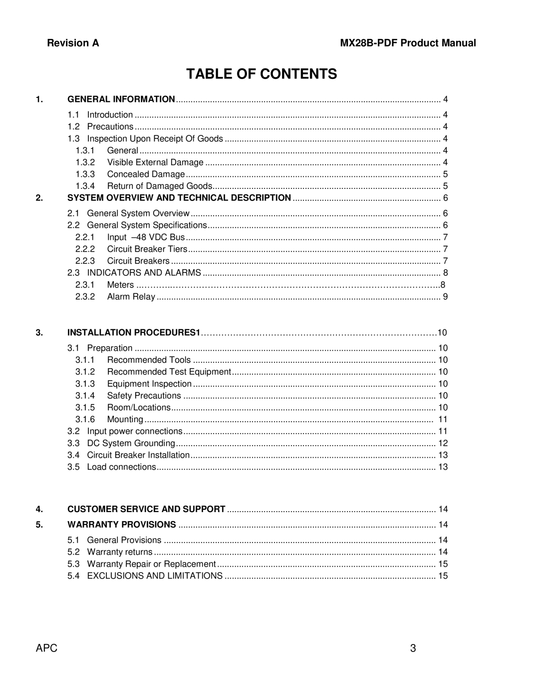 American Power Conversion MX28B-PDF manual Table of Contents 