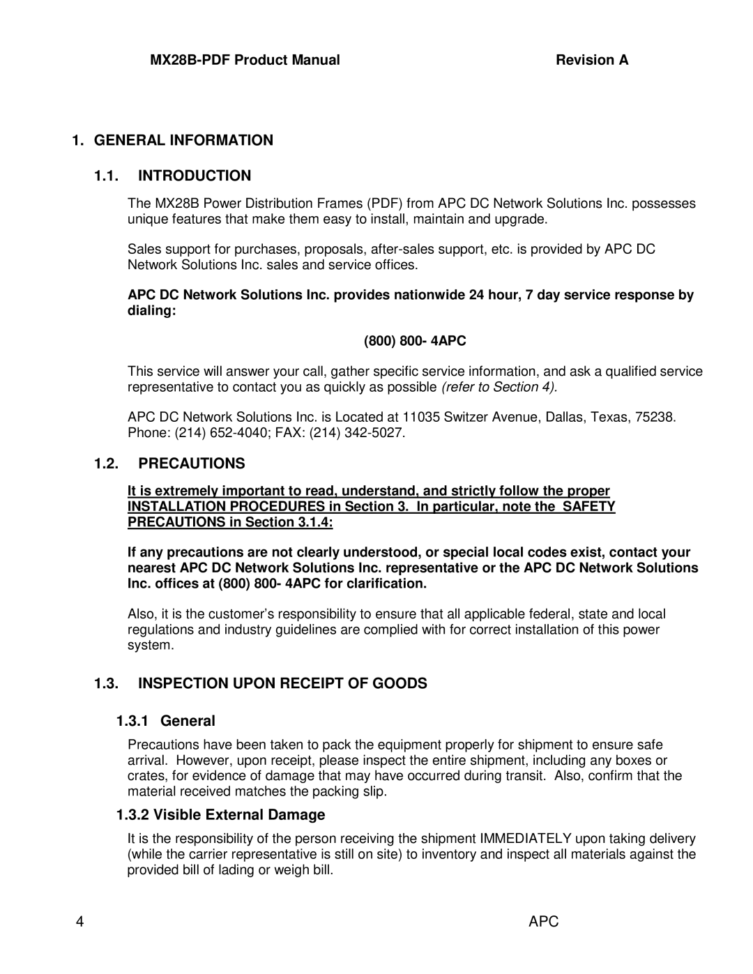 American Power Conversion MX28B-PDF manual General Information Introduction, Precautions, Inspection Upon Receipt of Goods 