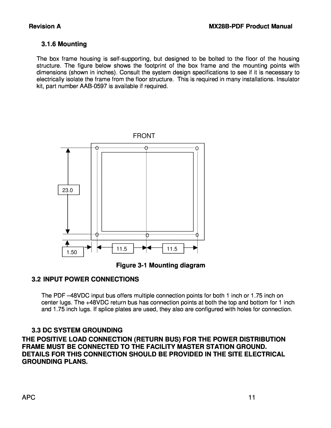 American Power Conversion MX28B-PDF manual Front, 1 Mounting diagram, Input Power Connections, Dc System Grounding 
