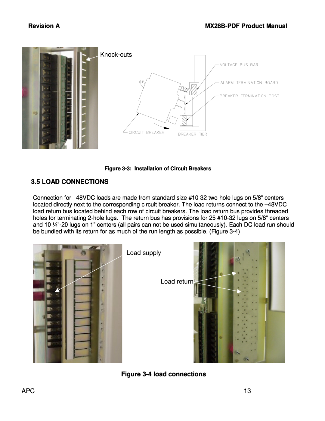 American Power Conversion MX28B-PDF manual Knock-outs, Load Connections, Load supply Load return, 4 load connections 