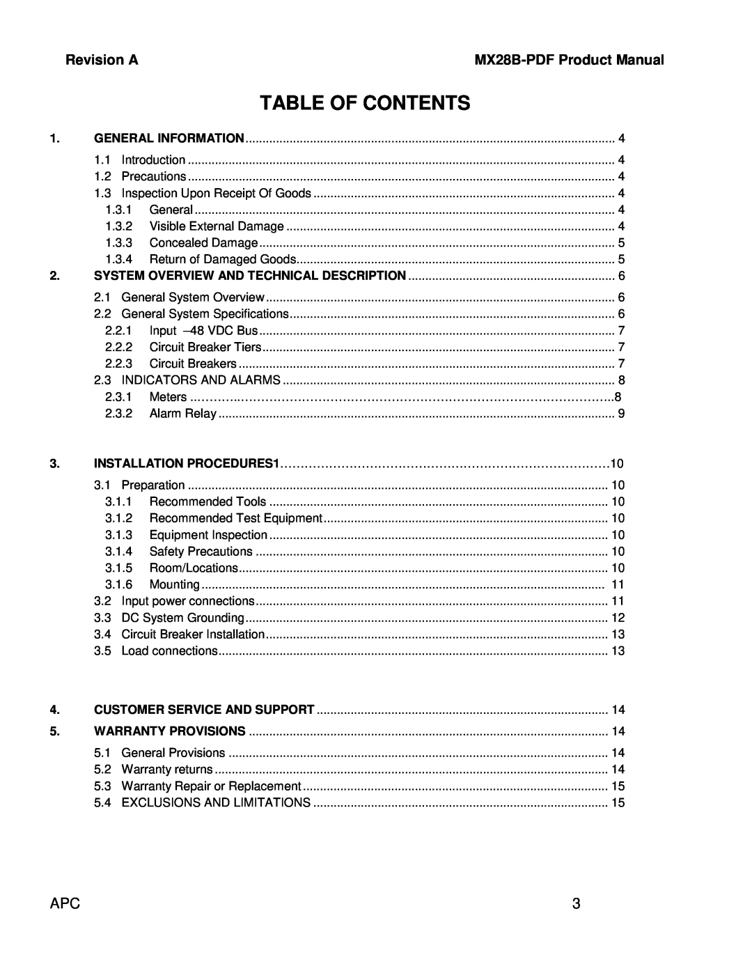 American Power Conversion MX28B-PDF manual Table Of Contents 