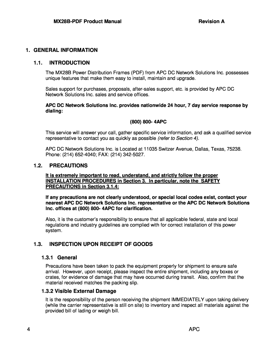 American Power Conversion MX28B-PDF manual GENERAL INFORMATION 1.1. INTRODUCTION, Precautions, Visible External Damage 