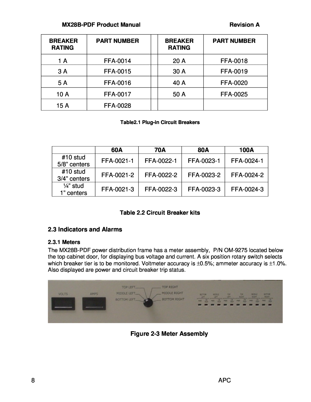 American Power Conversion MX28B-PDF manual 100A, Indicators and Alarms, 3 Meter Assembly, 1 Plug-in Circuit Breakers 