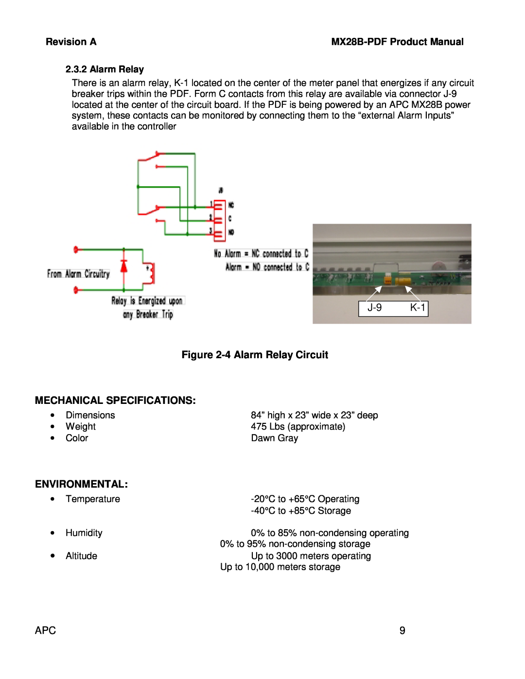 American Power Conversion MX28B-PDF manual J-9 K-1, 4 Alarm Relay Circuit MECHANICAL SPECIFICATIONS, Environmental 