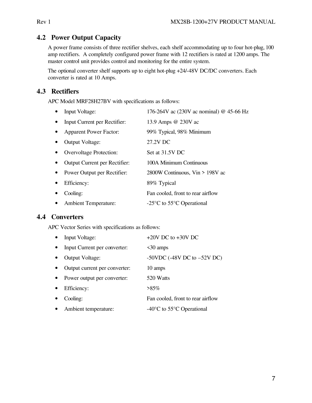 American Power Conversion MX28B1200, MX28B2400+27V manual Power Output Capacity, Rectifiers, Converters 