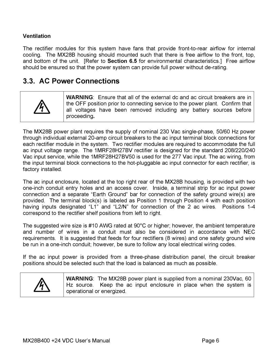 American Power Conversion MX28B400 user manual AC Power Connections, Ventilation 