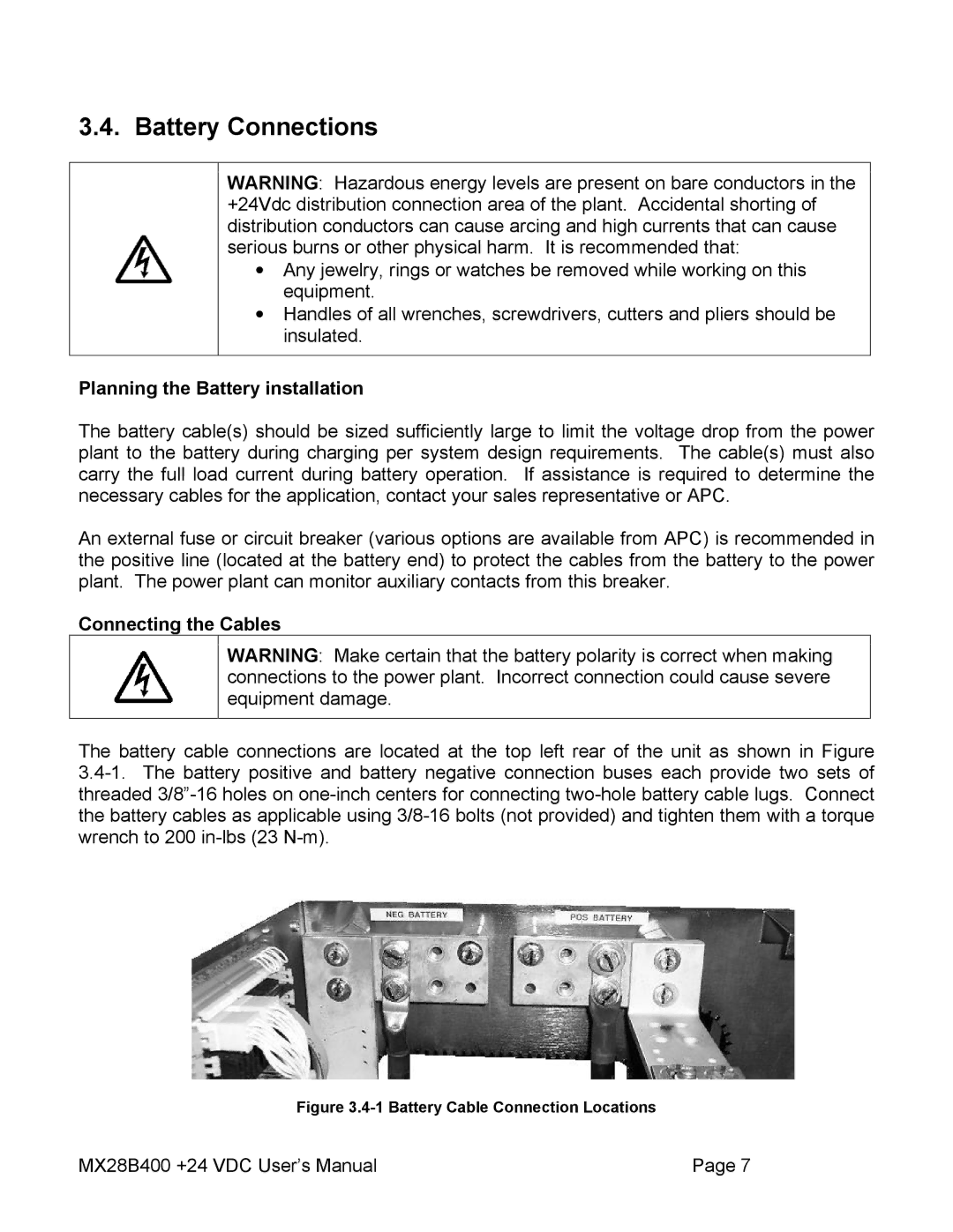 American Power Conversion MX28B400 Battery Connections, Planning the Battery installation, Connecting the Cables 